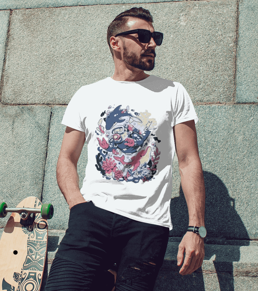 Fangamer Dolphins Dive Underwater Adventure With Diver And Marine Life T-Shirt
