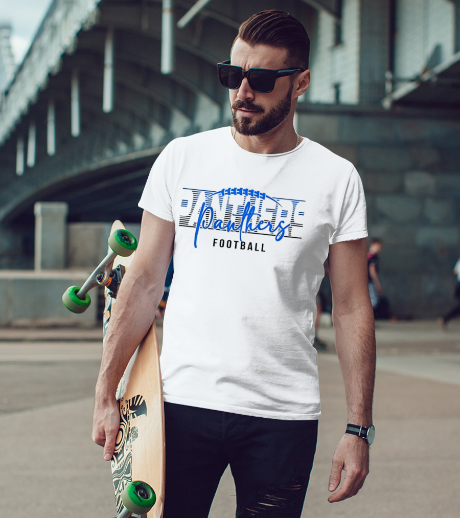 Panthers Football Blue Script Striped Laces Football T-Shirt