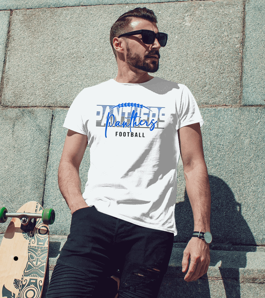 Panthers Football Blue Script Striped Laces Football T-Shirt