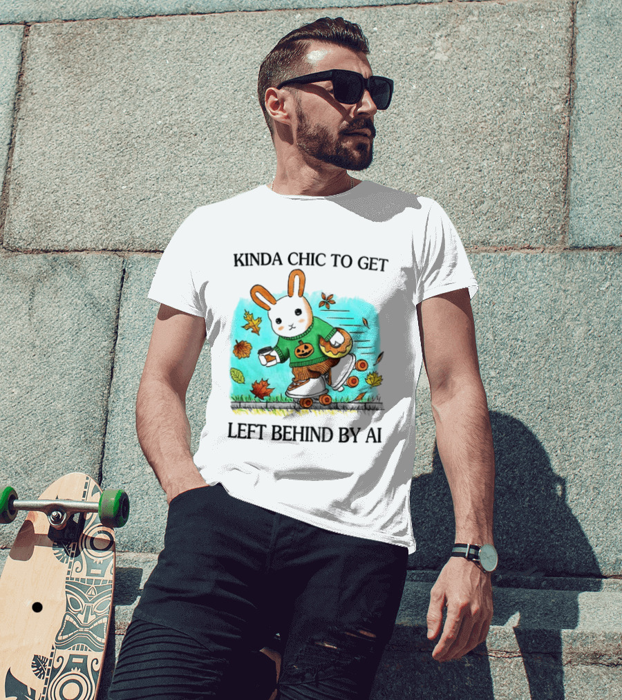 Kinda Chic Rabbit Roller Skating With Pumpkin Happy Fall Leaves Left Behind By AI T-Shirt