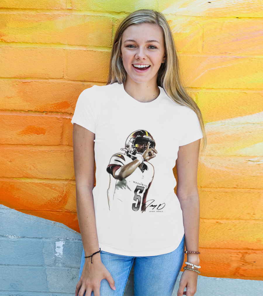 Washington Commanders Jayden Daniels Quarterback Finger To Lips Photo Cutout T-Shirt