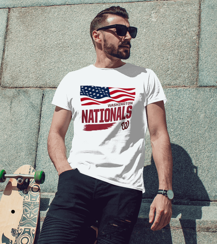 Washington Nationals Waving American Flag Red Brushstroke MLB T-Shirt