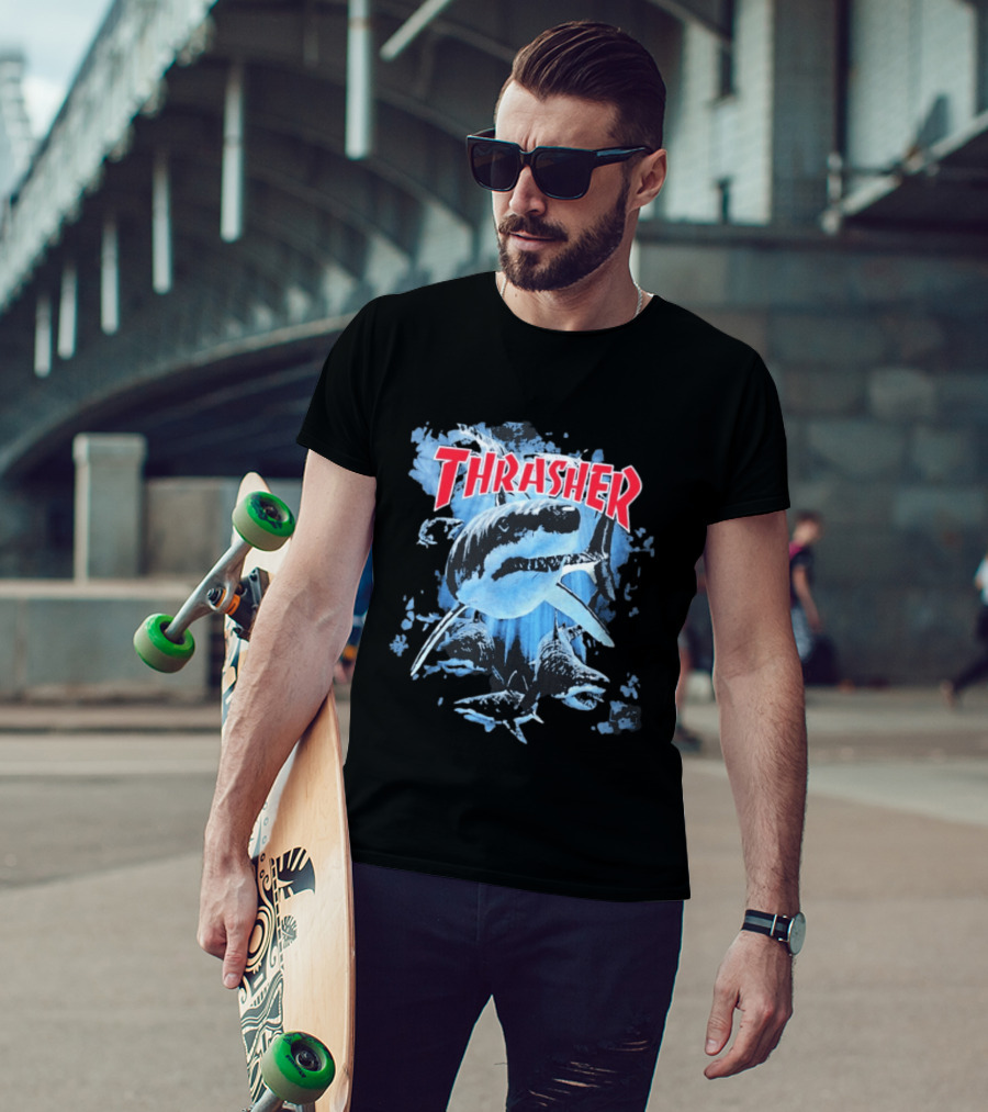 Thrasher Shark Blue Print Skateboarding T-Shirt