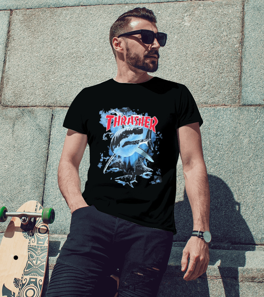 Thrasher Shark Blue Print Skateboarding T-Shirt