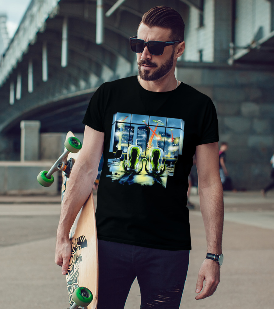 Project Rigel Alien Invasion City Battle Scene With Flying Saucers And Lasers T-Shirt