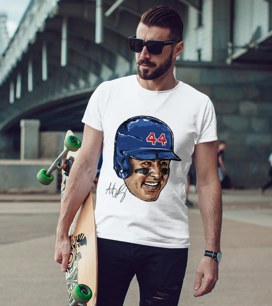 Anthony Rizzo 44 Blue Helmet Halftone Caricature T-Shirt