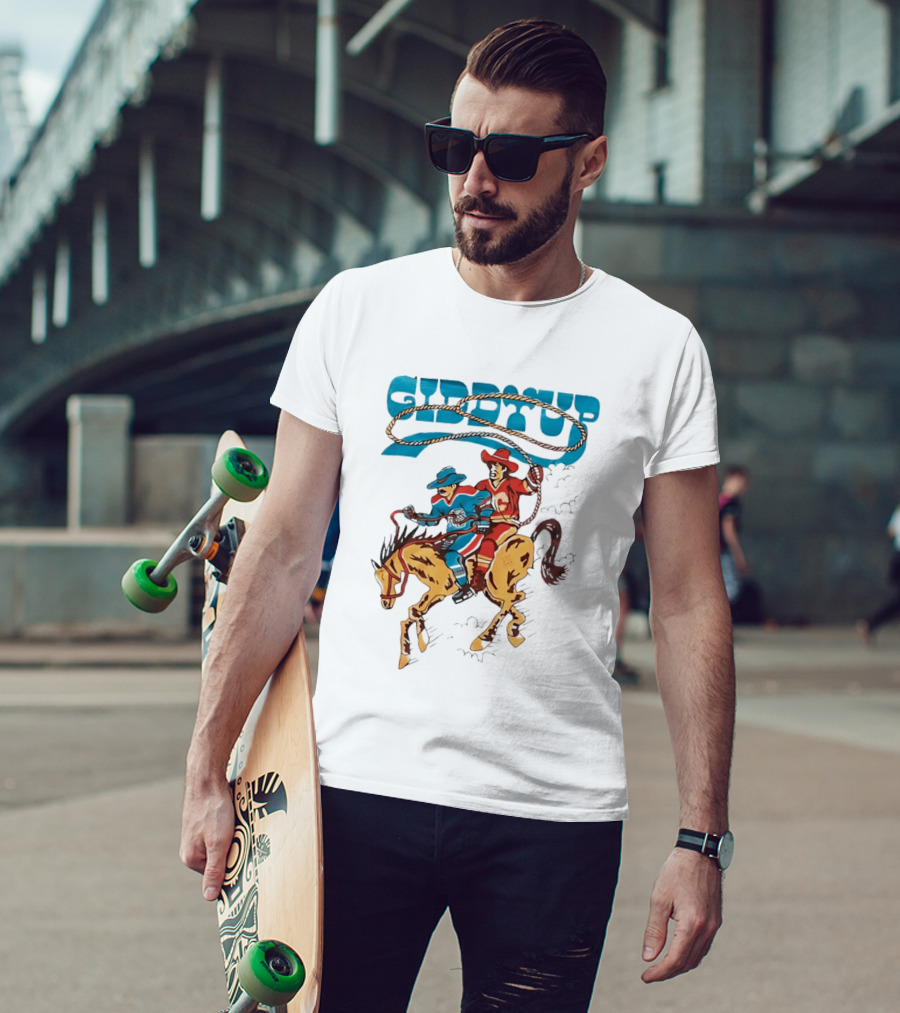 Calgary Flames Edmonton Oilers NHL Hockey Players Giddyup Cartoon Riding Bucking Horse Lasso T-Shirt