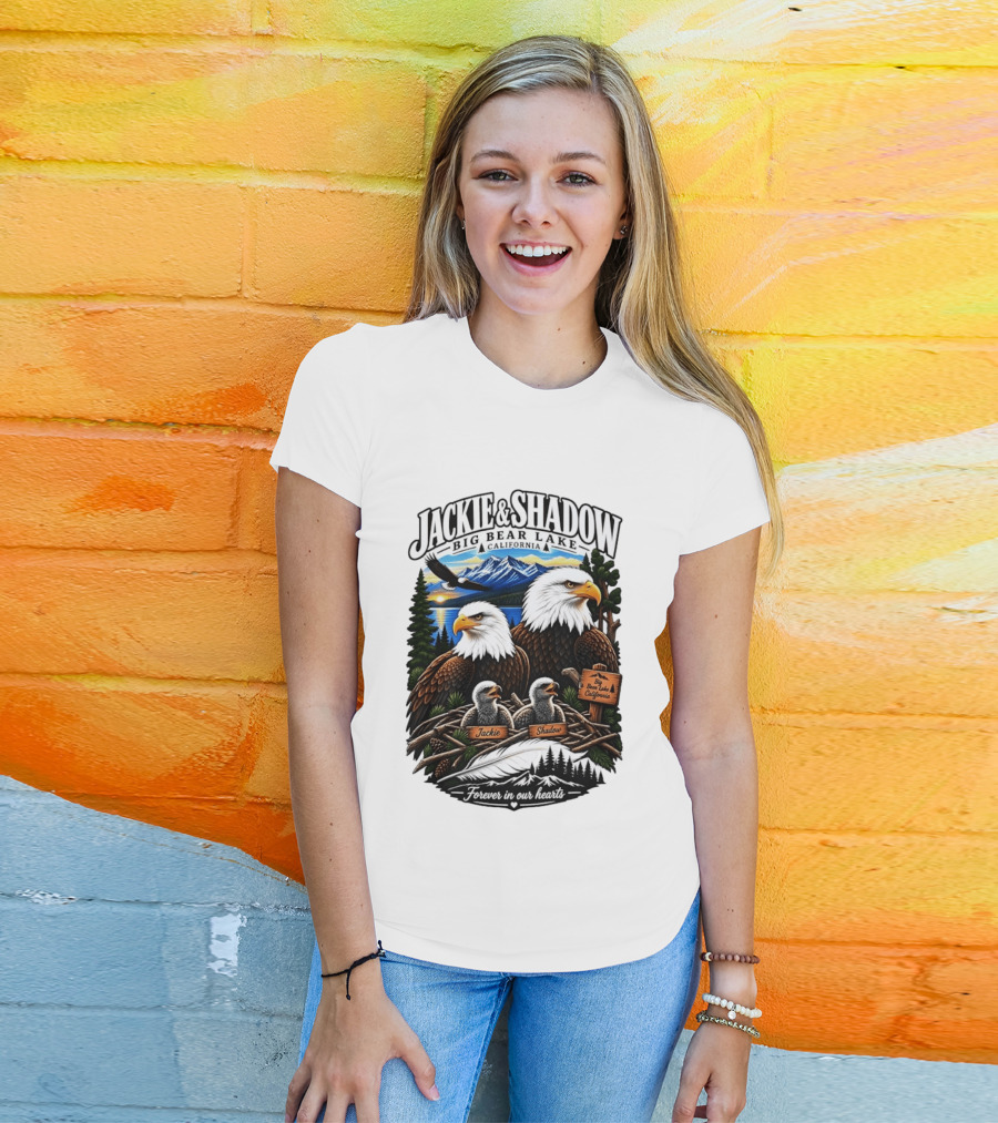 Jackie And Shadow Big Bear Lake California Bald Eagles Eaglets Nest Forever In Our Hearts Sunset Mountain T-Shirt