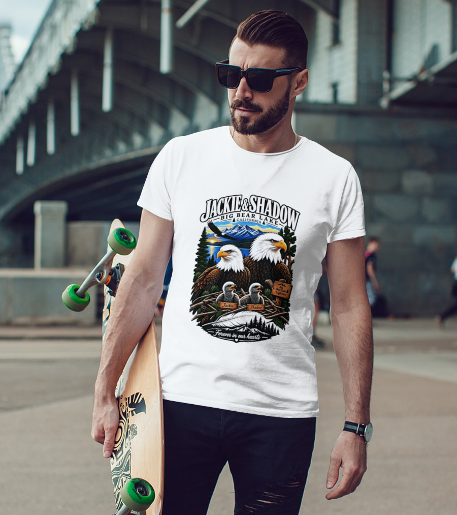 Jackie And Shadow Big Bear Lake California Bald Eagles Eaglets Nest Forever In Our Hearts Sunset Mountain T-Shirt