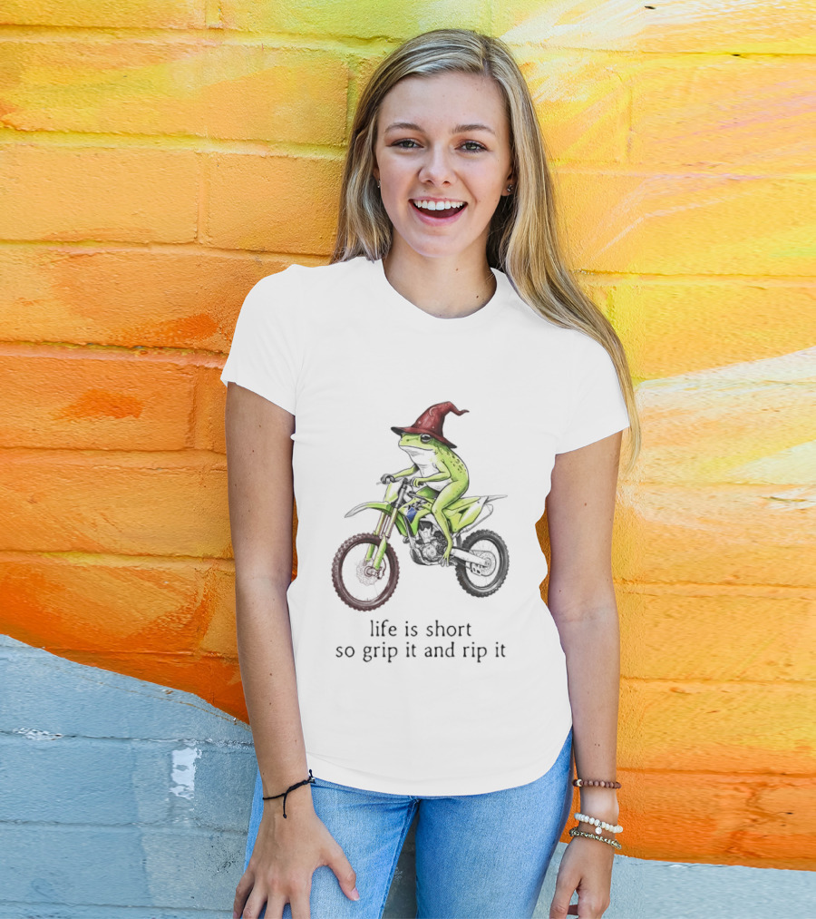Life Is Short So Grip It And Rip It Frog Red Wizard Hat Green Dirt Bike Adventure T-Shirt