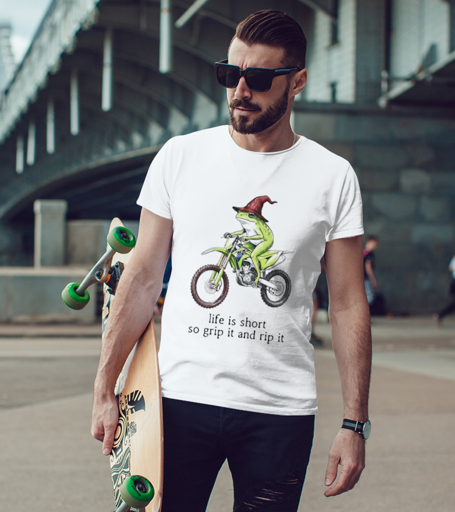 Life Is Short So Grip It And Rip It Frog Red Wizard Hat Green Dirt Bike Adventure T-Shirt