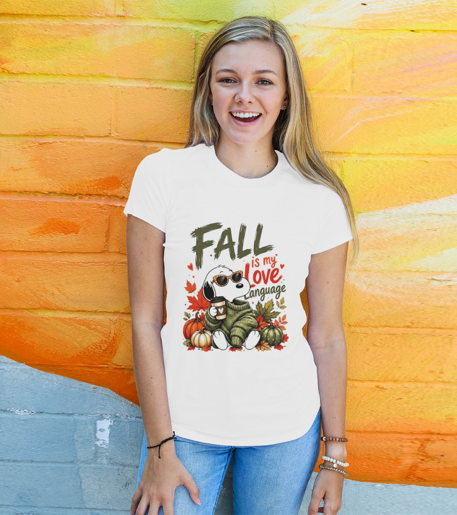 Fall Is My Love Language Cartoon Dog Cozy Green Sweater Pumpkins Leaves Coffee T-Shirt