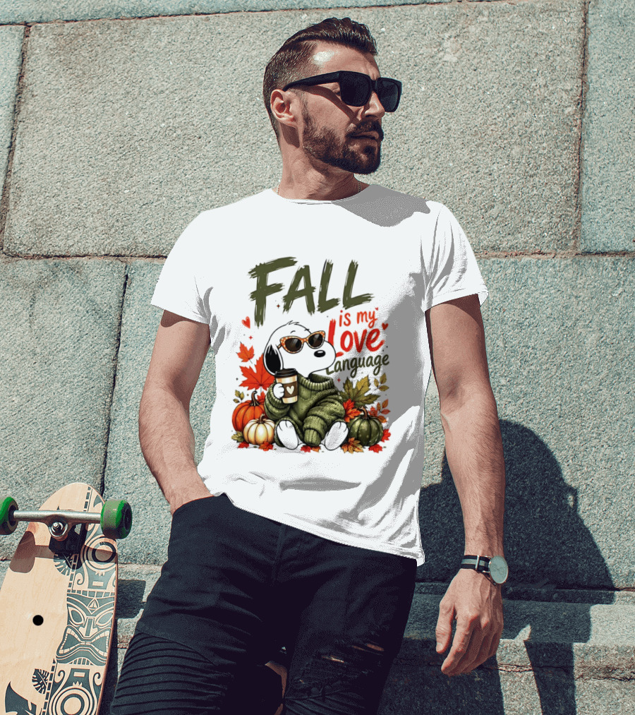Fall Is My Love Language Cartoon Dog Cozy Green Sweater Pumpkins Leaves Coffee T-Shirt