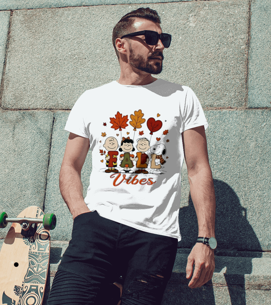 Fall Vibes Peanuts Characters With Leaf Balloons T-Shirt