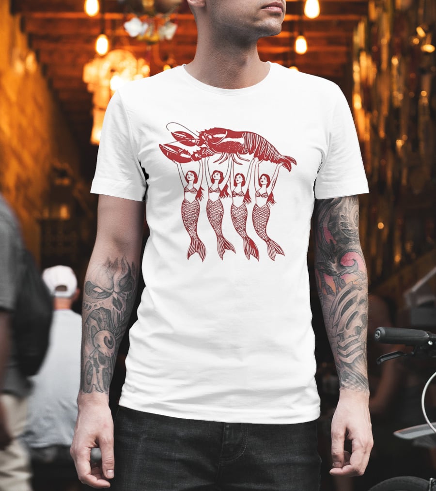 Four Mermaids Holding A Lobster Vintage Red Sea Creature T-Shirt