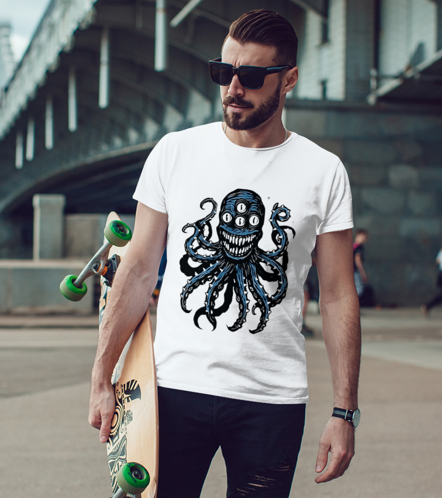 Monstrous Spiky Tentacles Blue Octopus Woodcut T-Shirt