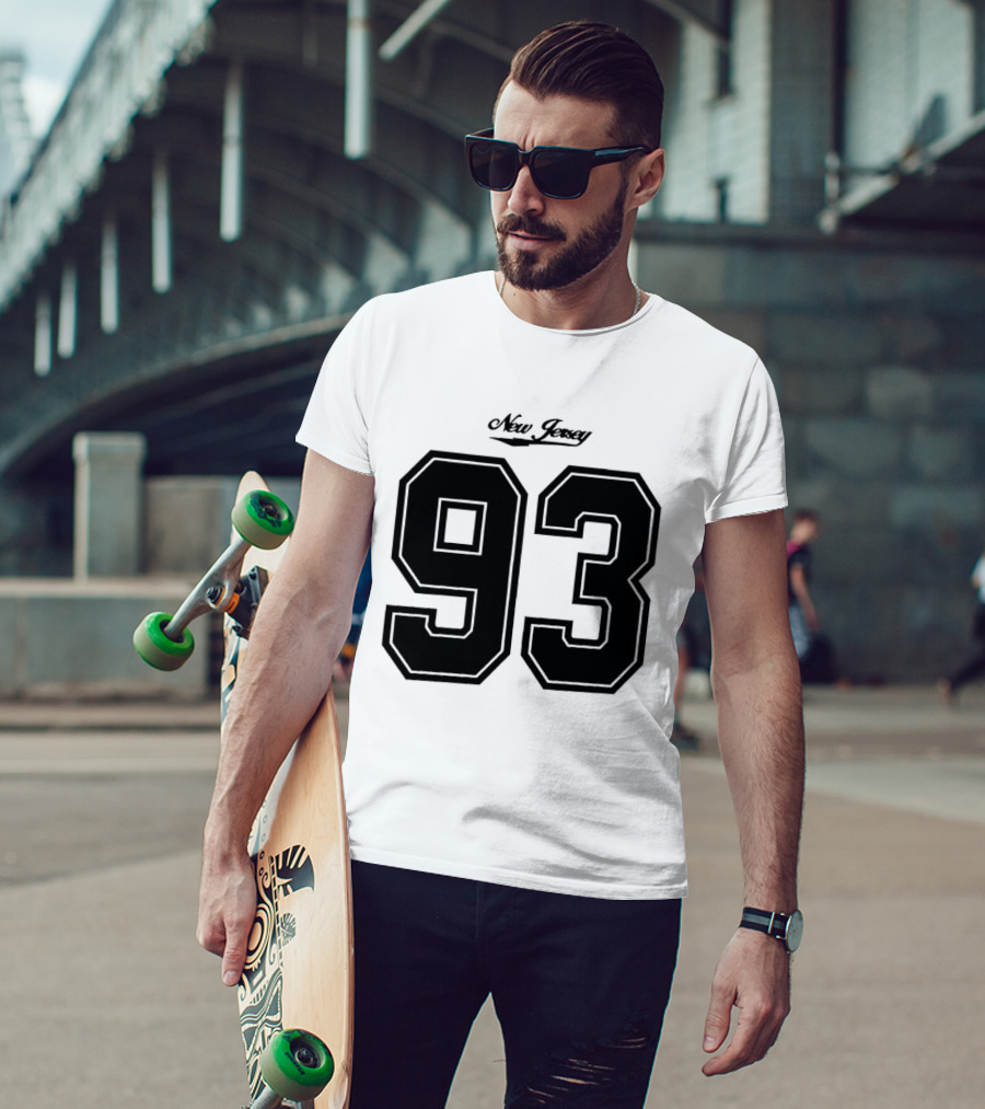 New Jersey 93 Cursive Script Black Varsity Block Number T-Shirt