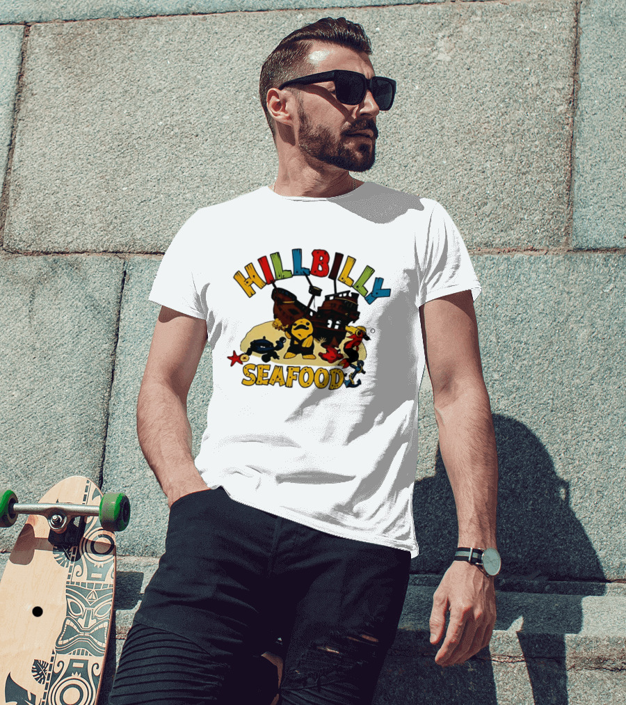 Hillbilly Seafood Cartoon Pirate Ship And Ocean Life Fish Adventure T-Shirt