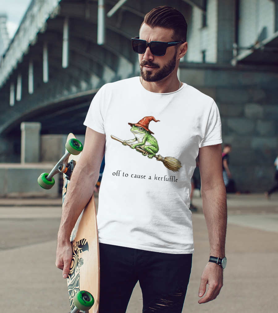 Off To Cause A Kerfuffle Frog Wizard Hat Broomstick Adventure T-Shirt