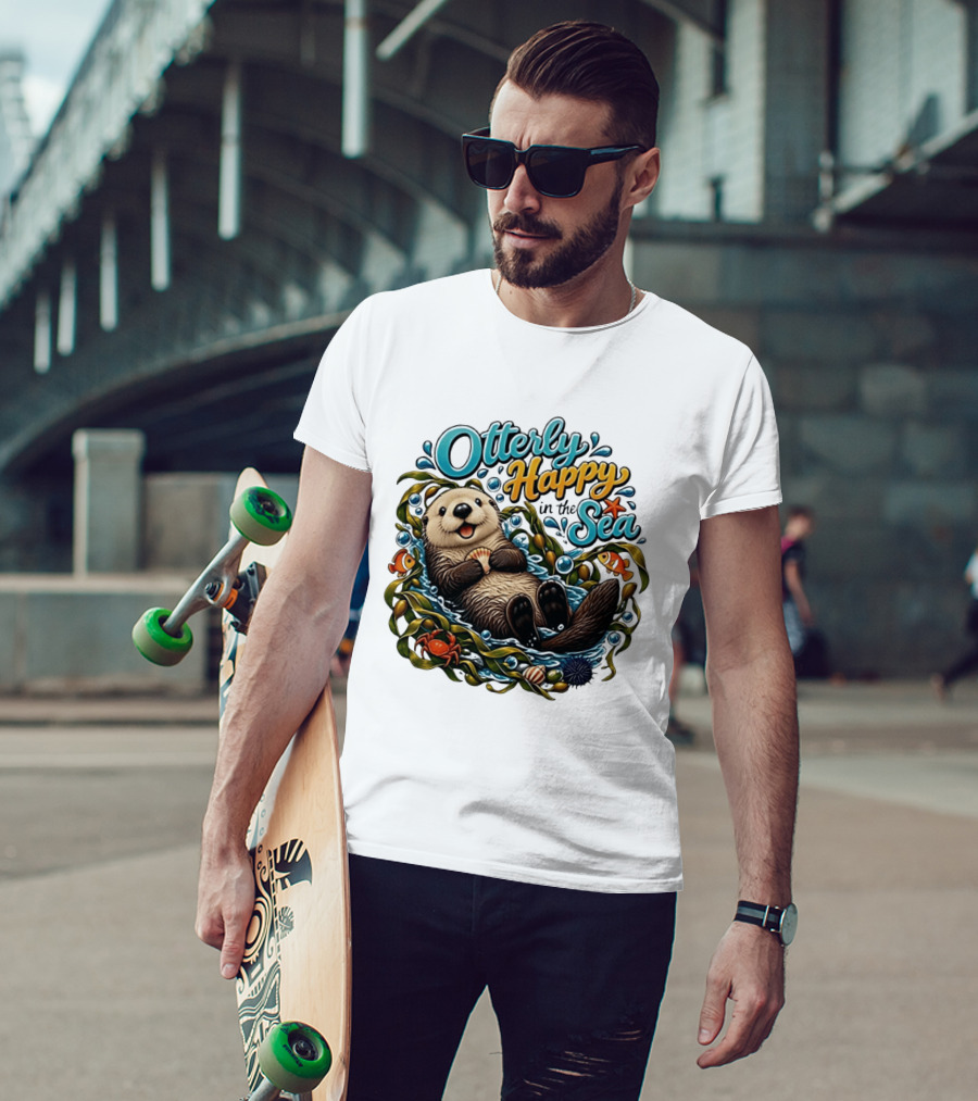 Otterly Happy In The Sea Cartoon Otter Floating With Kelp, Shell, Fish, Crab T-Shirt