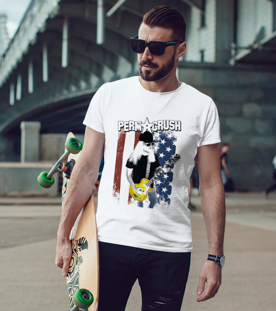 Perm A Crush Long Blonde Hair Yellow Guitar American Flag T-Shirt