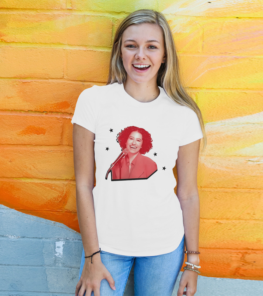 Red Tinted Woman Curly Hair Microphone Black Stars T-Shirt
