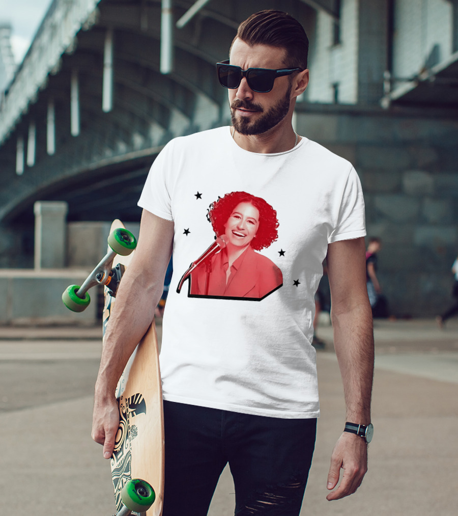 Red Tinted Woman Curly Hair Microphone Black Stars T-Shirt