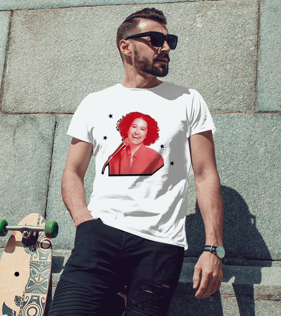Red Tinted Woman Curly Hair Microphone Black Stars T-Shirt