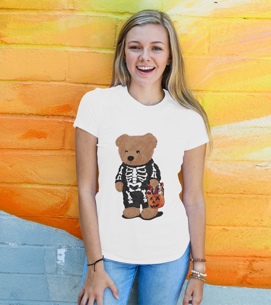 Teddy Bear Skeleton Costume Jack O Lantern Pumpkin Candy Cartoon T-Shirt