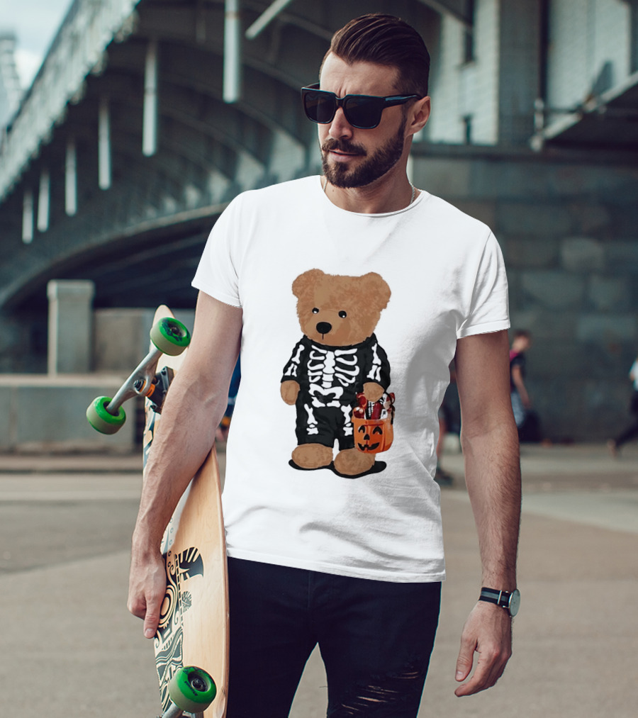 Teddy Bear Skeleton Costume Jack O Lantern Pumpkin Candy Cartoon T-Shirt