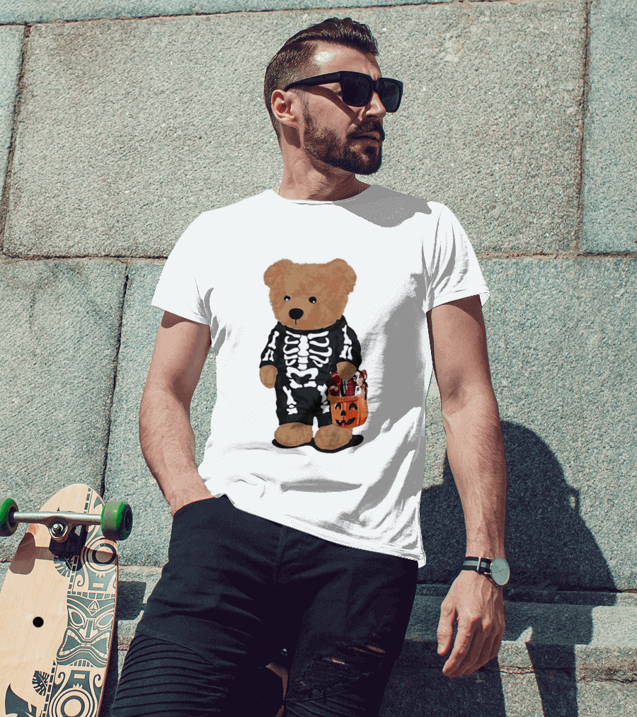 Teddy Bear Skeleton Costume Jack O Lantern Pumpkin Candy Cartoon T-Shirt