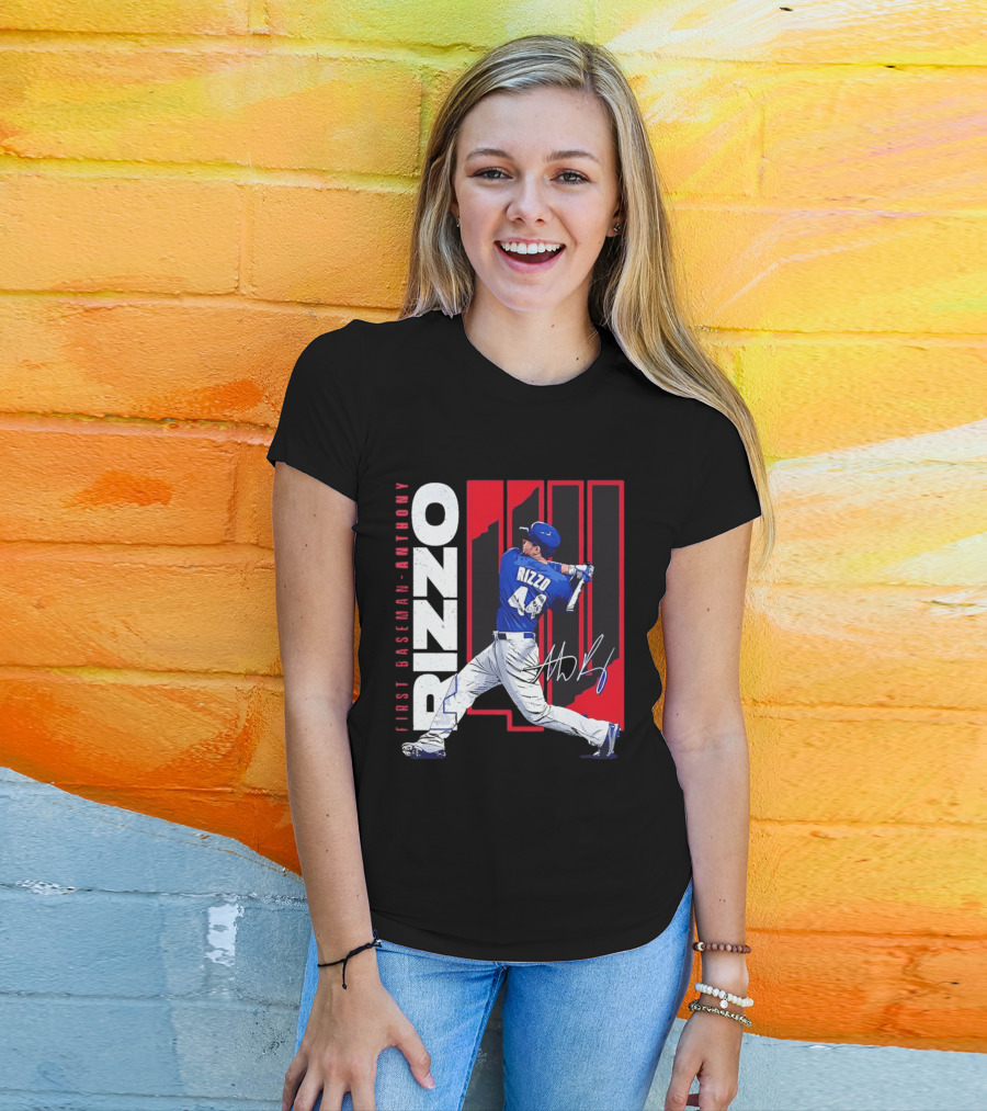 First Baseman Anthony Rizzo Swinging Action 44 Distressed T-Shirt