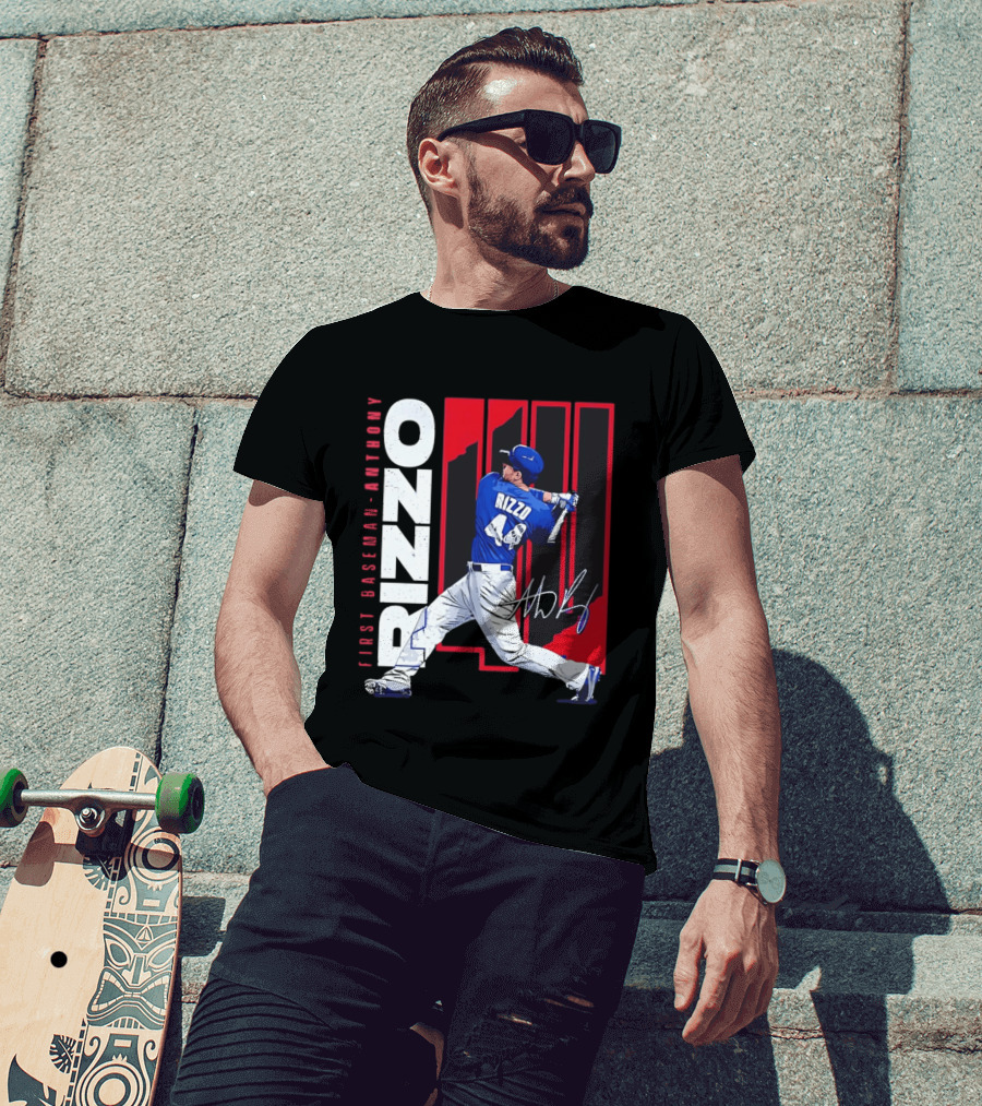 First Baseman Anthony Rizzo Swinging Action 44 Distressed T-Shirt