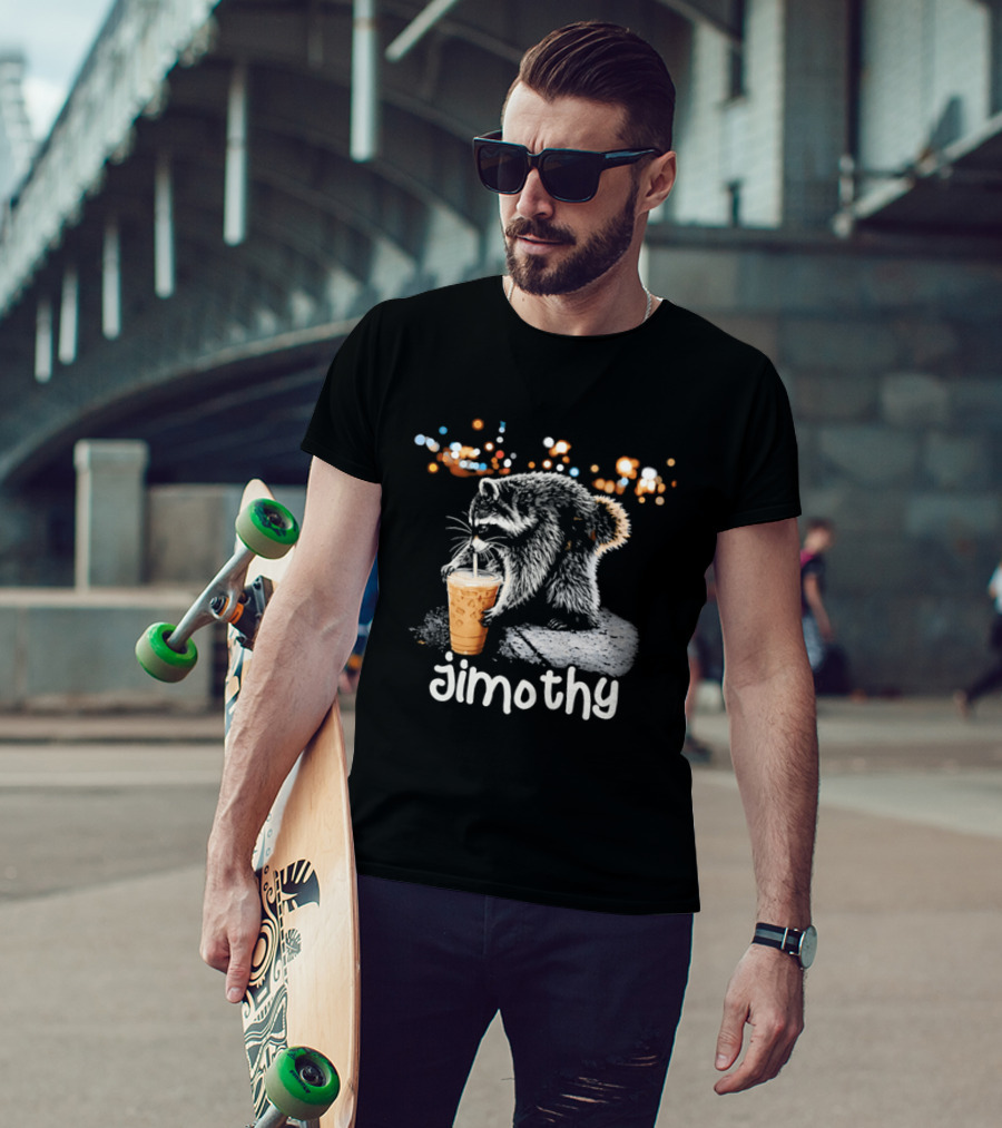 Jimothy Raccoon Sipping Iced Coffee Under Streetlights T-Shirt