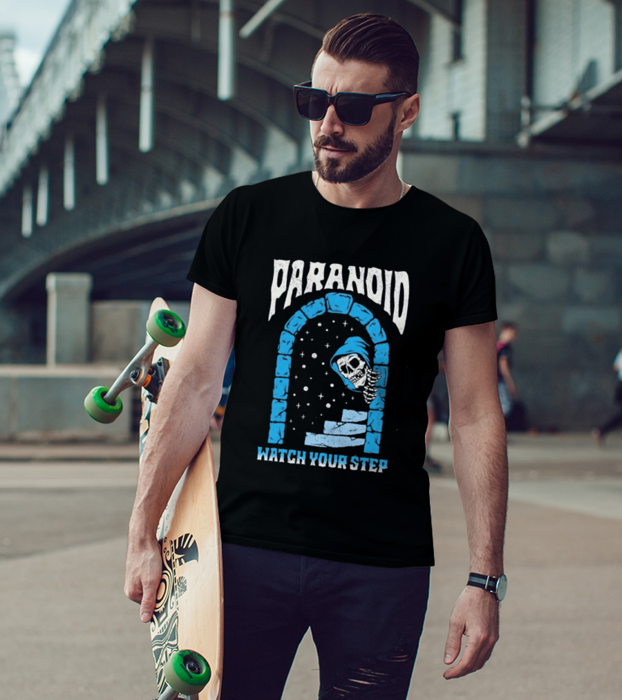 Paranoid Skeleton Peeking Stone Archway Your Step T-Shirt