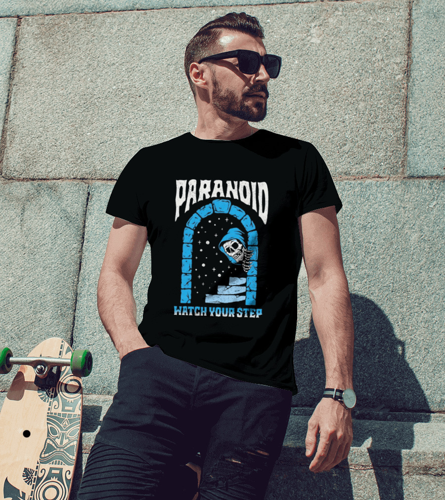 Paranoid Skeleton Peeking Stone Archway Your Step T-Shirt