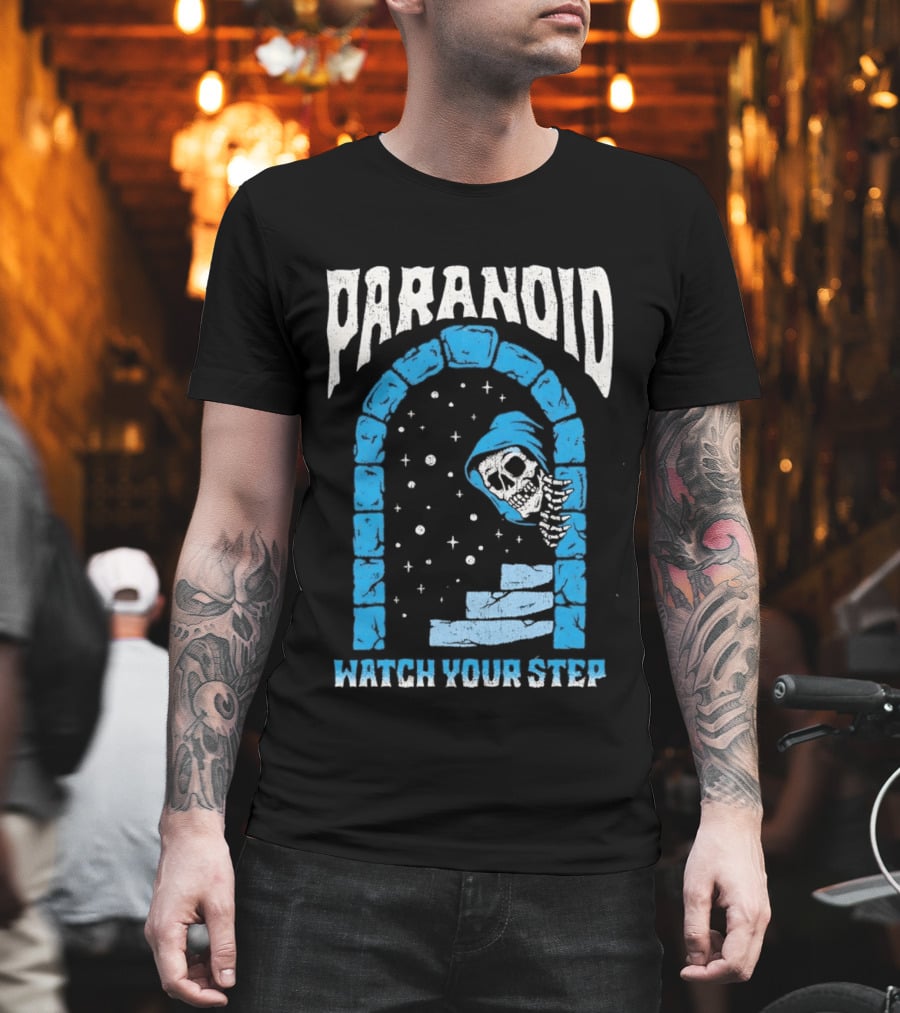 Paranoid Skeleton Peeking Stone Archway Your Step T-Shirt