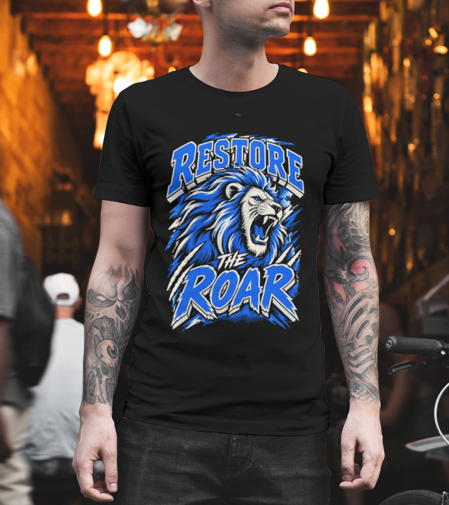 Restore The Roar Blue Lion Head With Halftone Scratch Marks T-Shirt