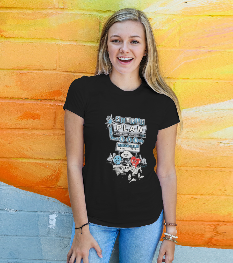 Simple Plan Indianapolis IN 2026 Bigger Than You Think Tour August 11 White River State Park USA Classic Car And Happy Heart T-Shirt
