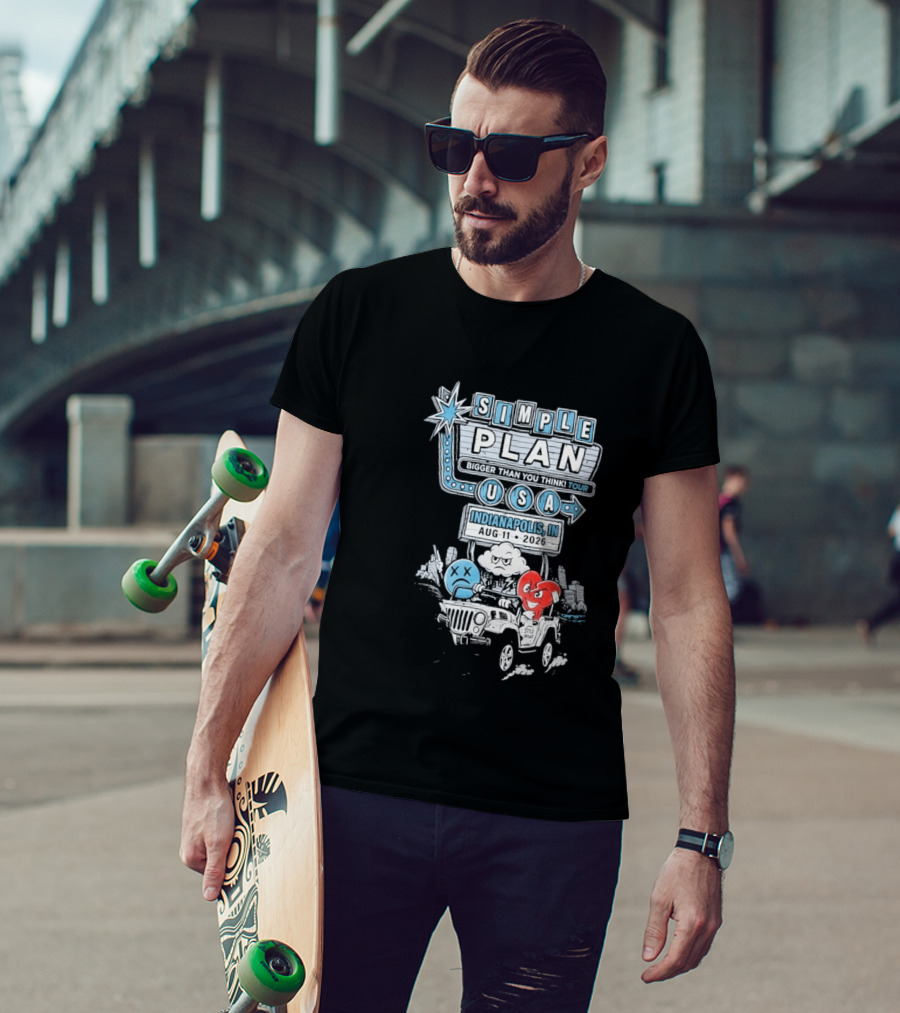 Simple Plan Indianapolis IN 2026 Bigger Than You Think Tour August 11 White River State Park USA Classic Car And Happy Heart T-Shirt