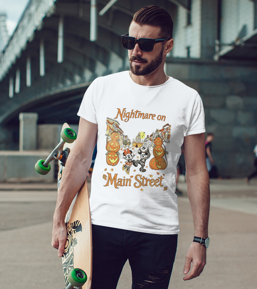 Disney Mickey And Minnie Mouse Halloween Nightmare On Main Street Pumpkins Autumn Fall T-Shirt