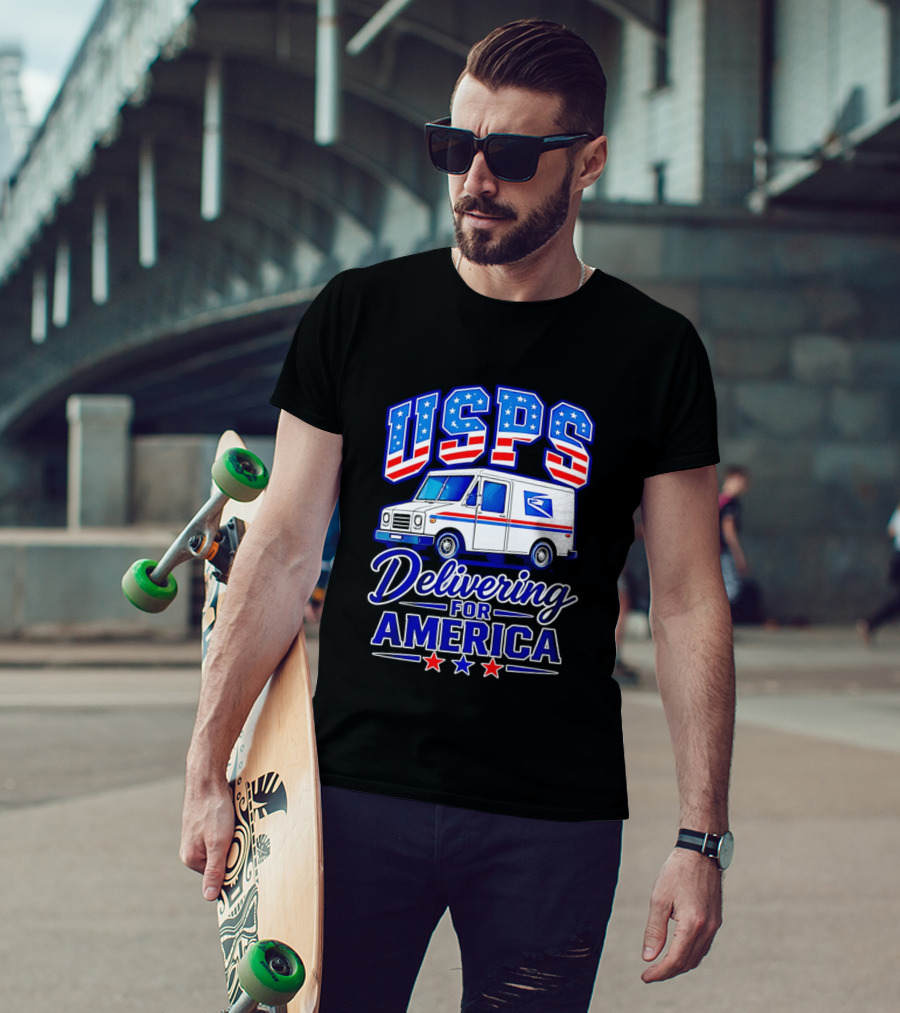 USPS Delivering For America Mail Truck Patriotic Stars And Stripes T-Shirt