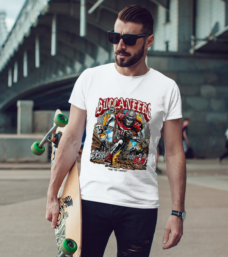 Buccaneers Fire The Cannons Skeleton Football T-Shirt