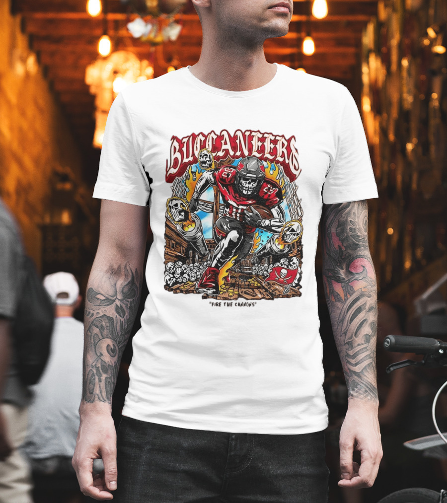 Buccaneers Fire The Cannons Skeleton Football T-Shirt