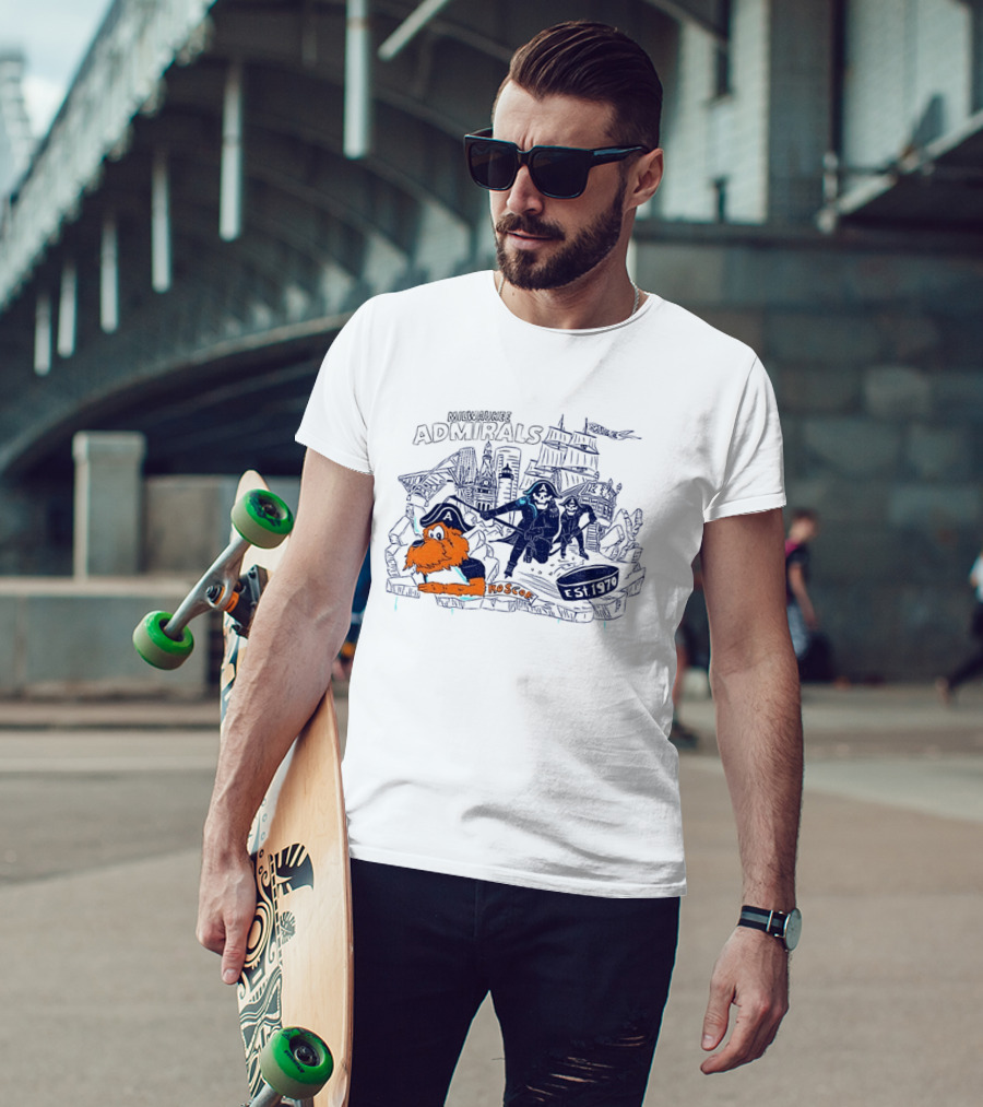 Milwaukee Admirals Roscoe Est 1970 Hockey Mascot And Cityscape T-Shirt