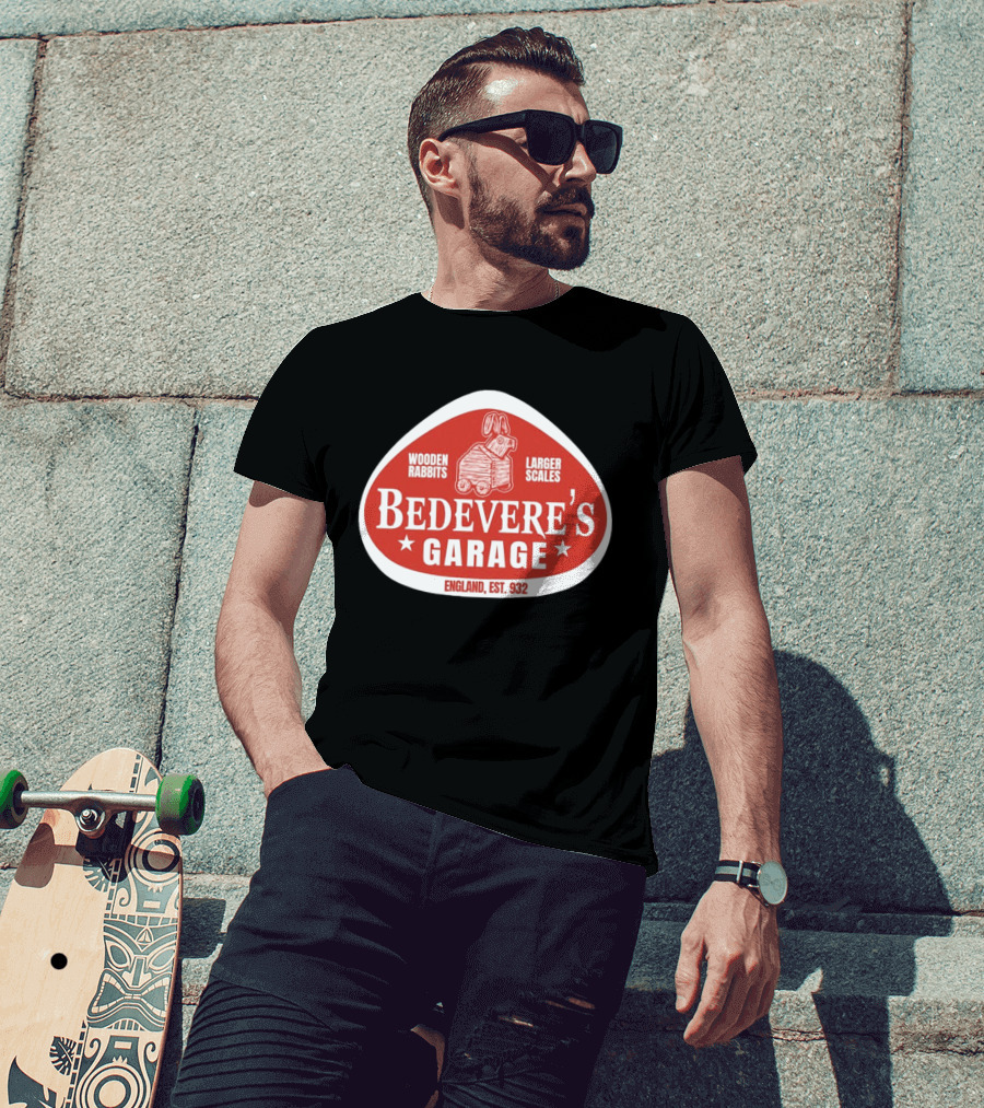 Bedevere's Garage England 932 AD Wooden Rabbits Larger Scales Monty Python T-Shirt