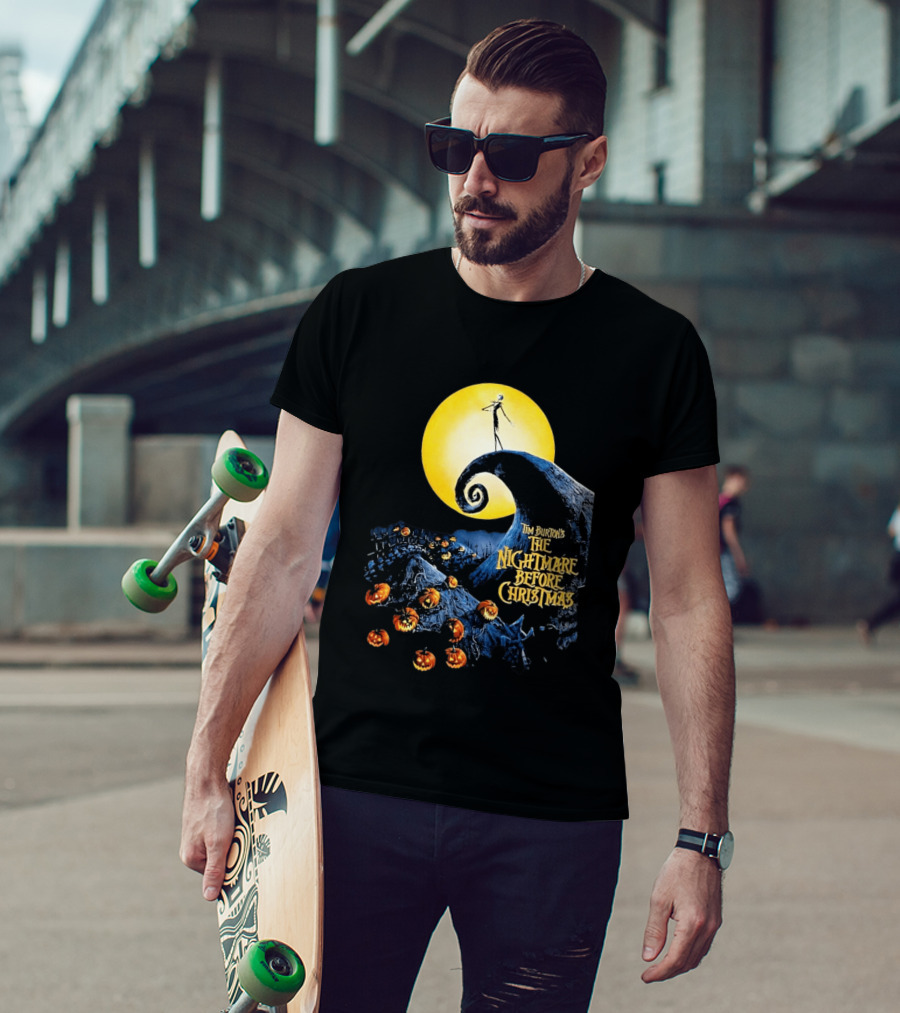 Tim Burton's The Nightmare Before Christmas Jack Skellington Moon Scene With Pumpkins T-Shirt