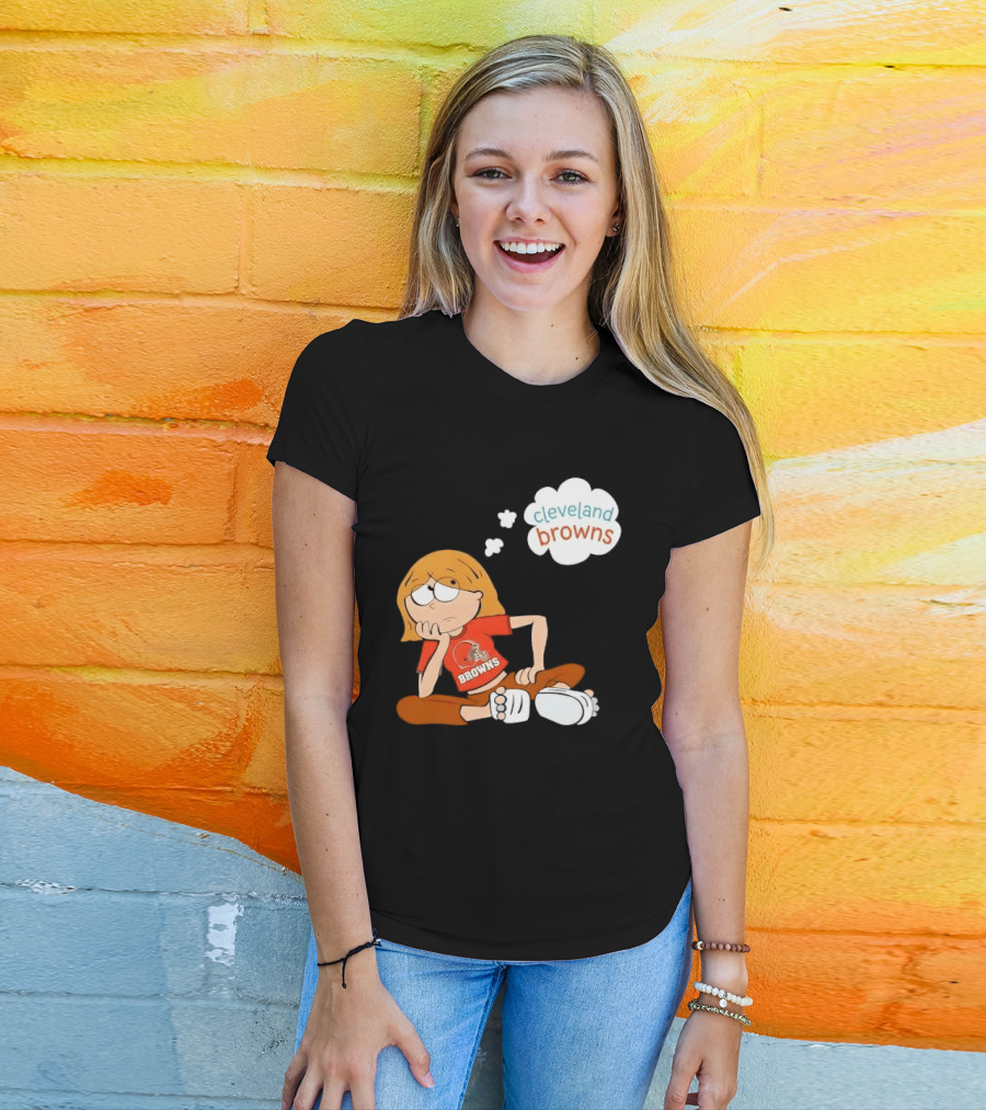 Cleveland Browns Cartoon Girl Sitting With Thought Bubble T-Shirt
