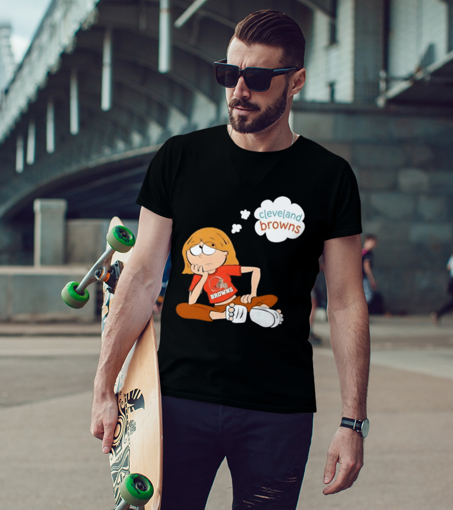 Cleveland Browns Cartoon Girl Sitting With Thought Bubble T-Shirt