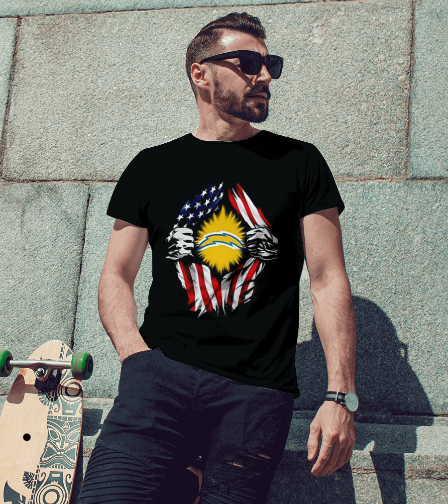 Los Angeles Chargers Superman Skull Cap Backwards USA Flag Power T-Shirt